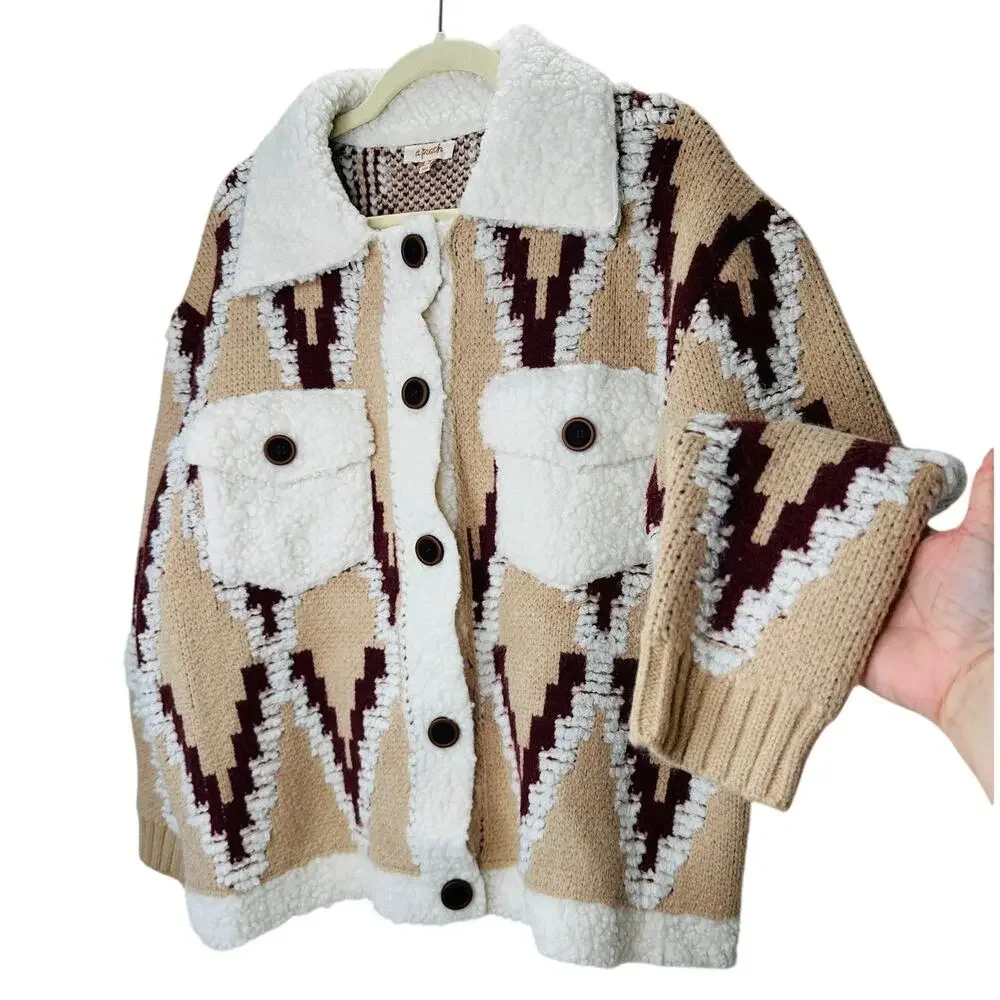 a. peach Tan Ivory Burgundy Southwest Print Button Collared Sweater Jacket S - Picture 1 of 13